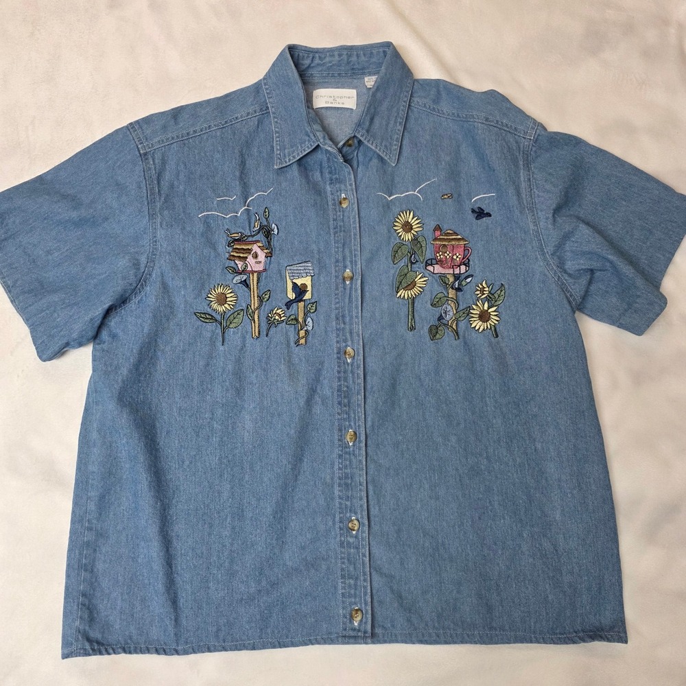 Christopher Banks Blue Denim Shirt sz Medium Embroidered Birdhouse Sunflower